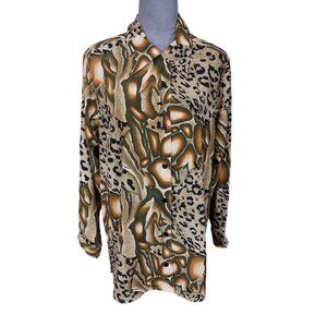 Vintage Womens Animal Print Blouse Button Up Collared Career Top 14/16W